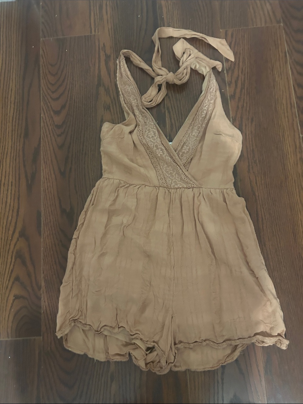 American Eagle Outfitters Halter Lace-Trim Romper in Beige-Tan